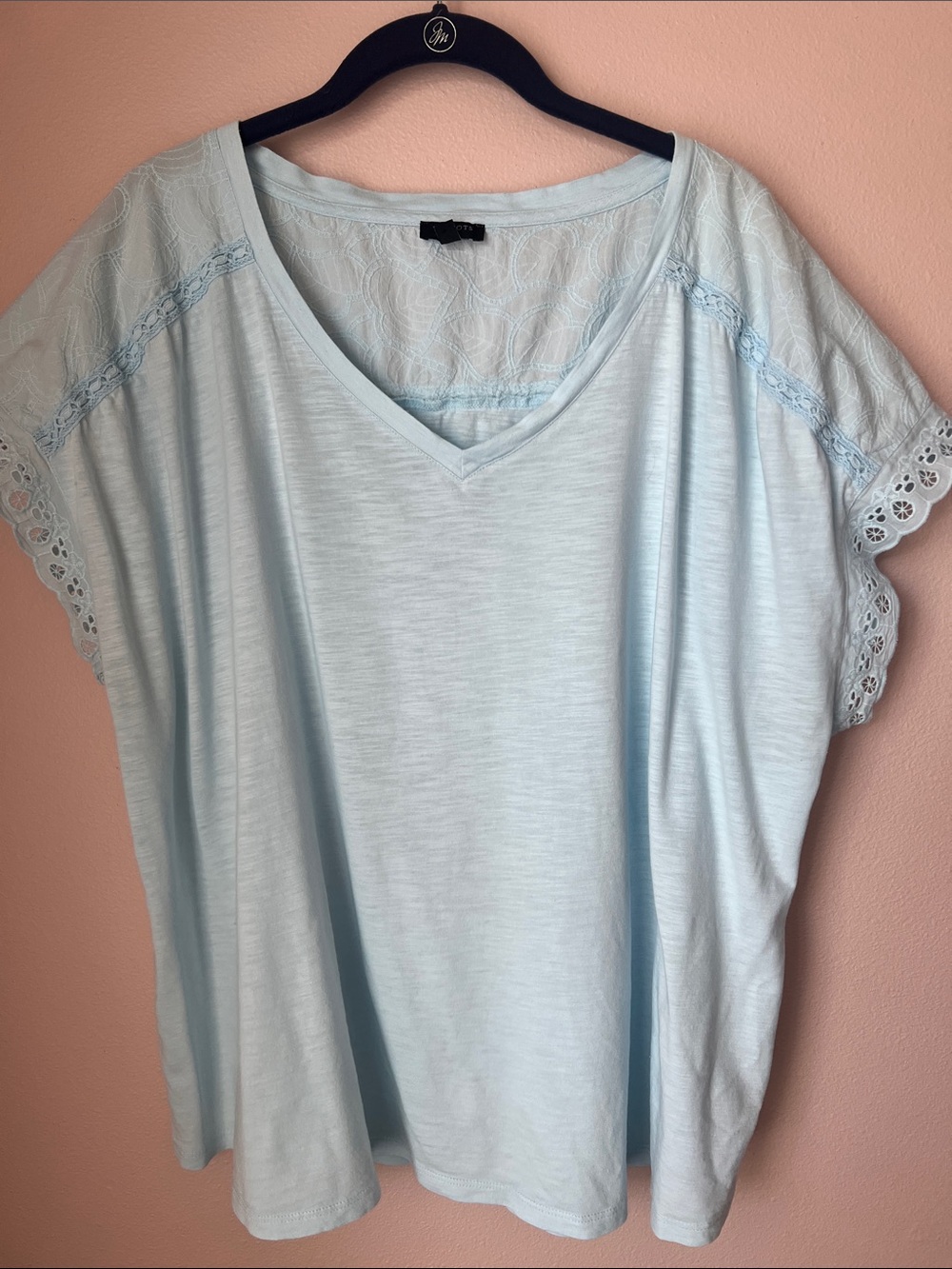 Talbots Light Blue V-Neck Tee with Lace Trim